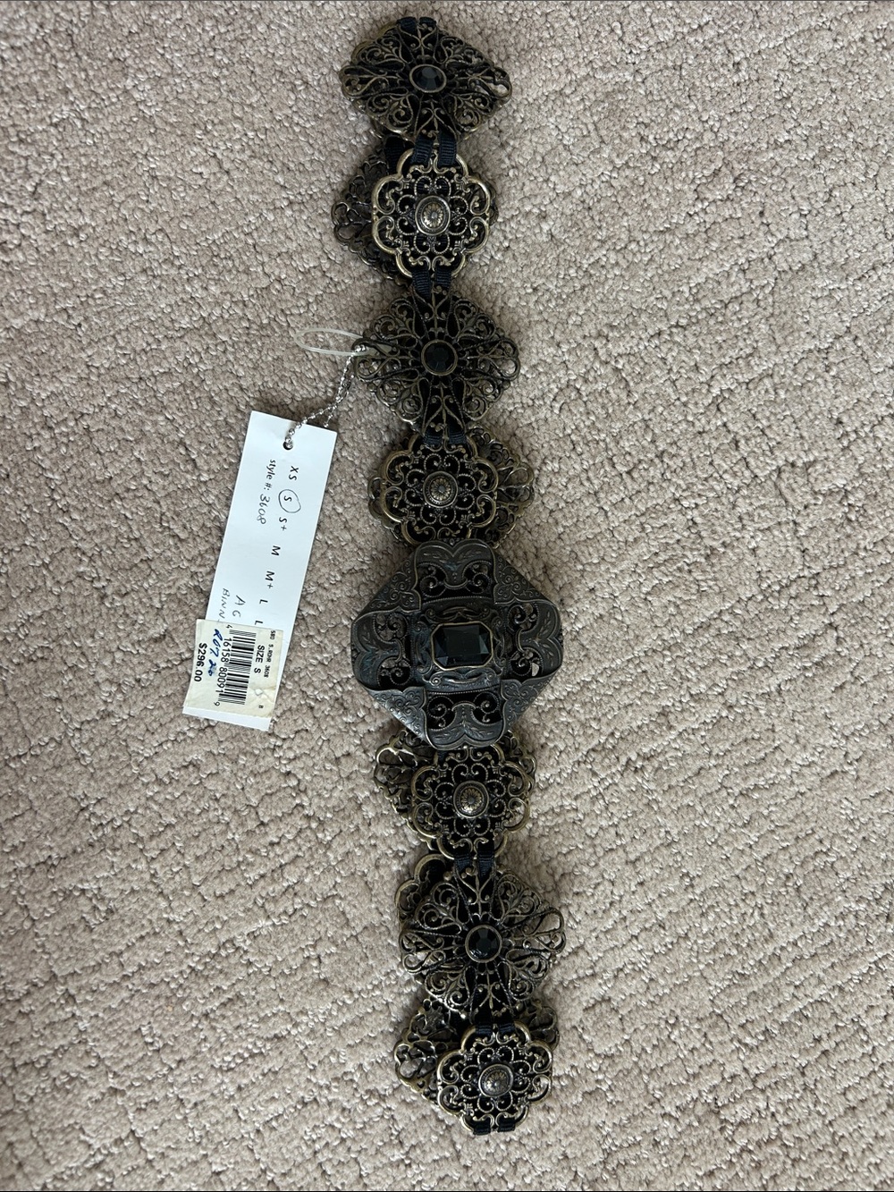 Suzi Roher Black and Antique Gold Filigree Wide Statement Belt